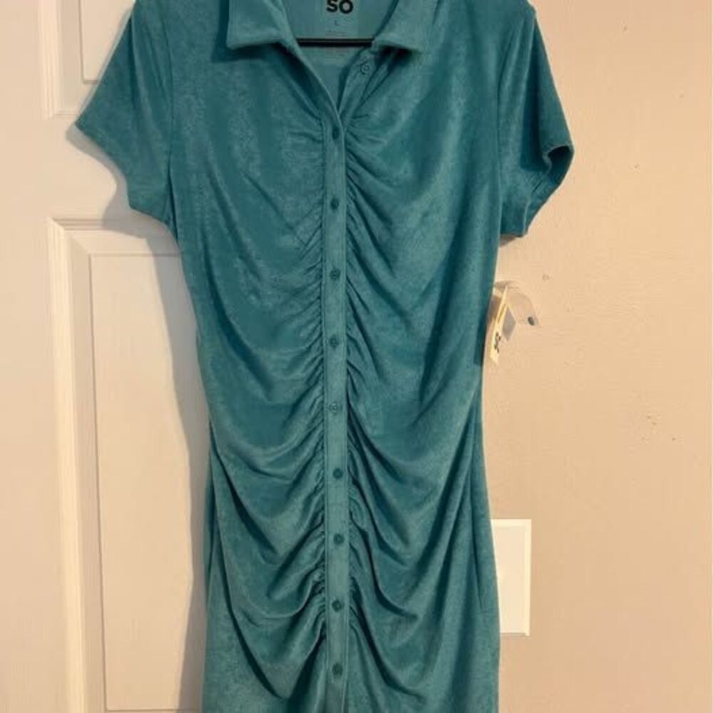 SO Women’s Large Teal Blue Ruched Polo Dress Button Front Short Sleeve NWT